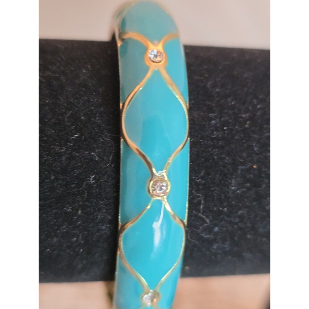 Vintage Turquoise Enamel Clamper Bracelet Gold Tone Rhinestone Jewelry #259 - Picture 3 of 12